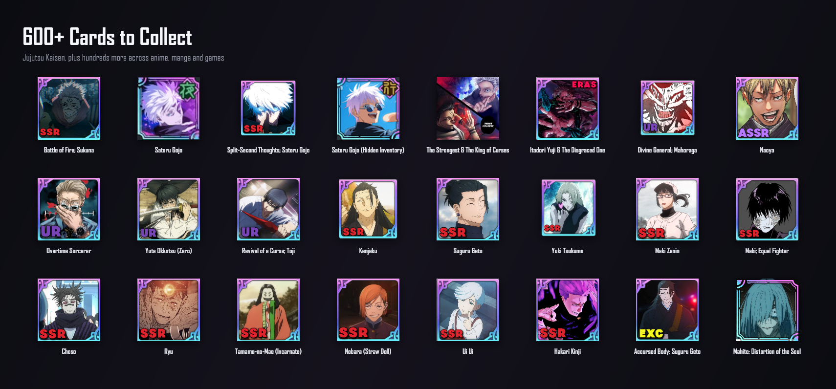 A wall of JJK Bot cards