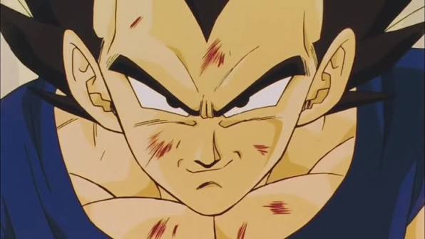 Vegeta, battered, smiling with resolve