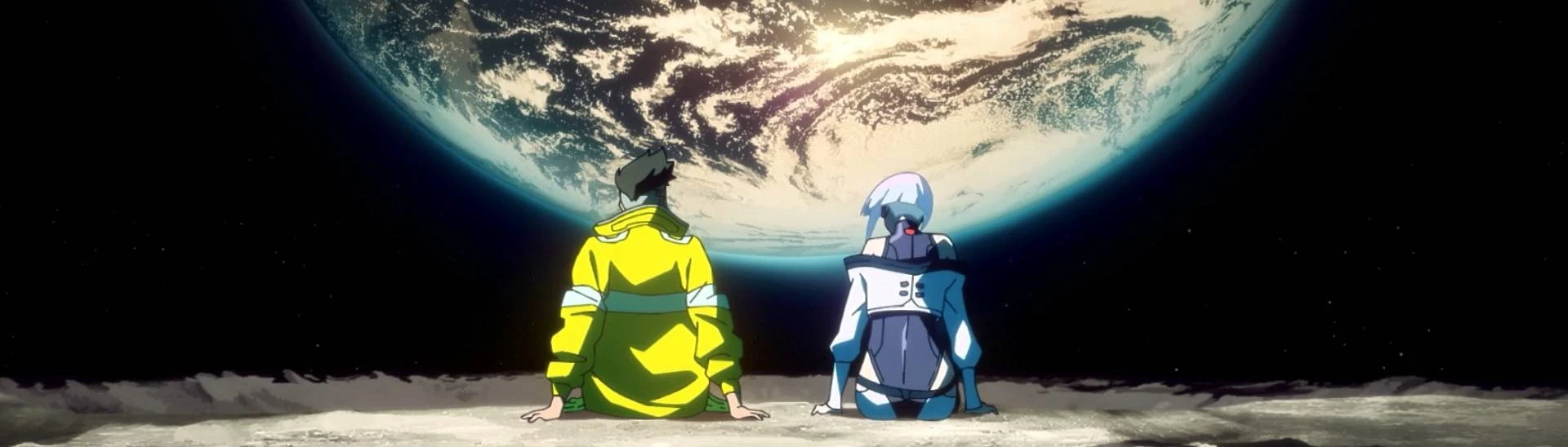David and Lucy sitting together on the Moon, looking towards Earth