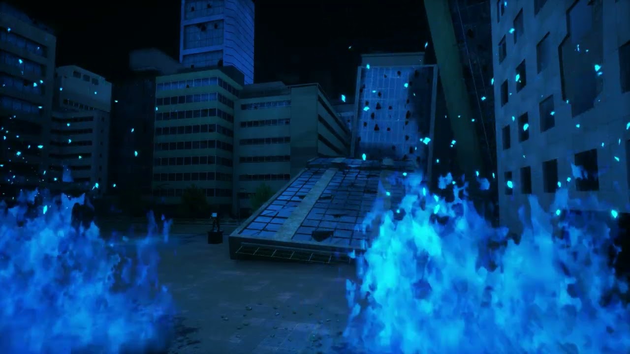 Kamino Ward at night, with ruined buildings surrounded by blue flames