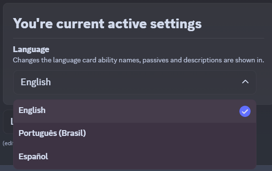 Language settings with English, Português (Brasil) and Español options