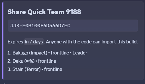 Share build creates a seven-day code with your team lineup and leader