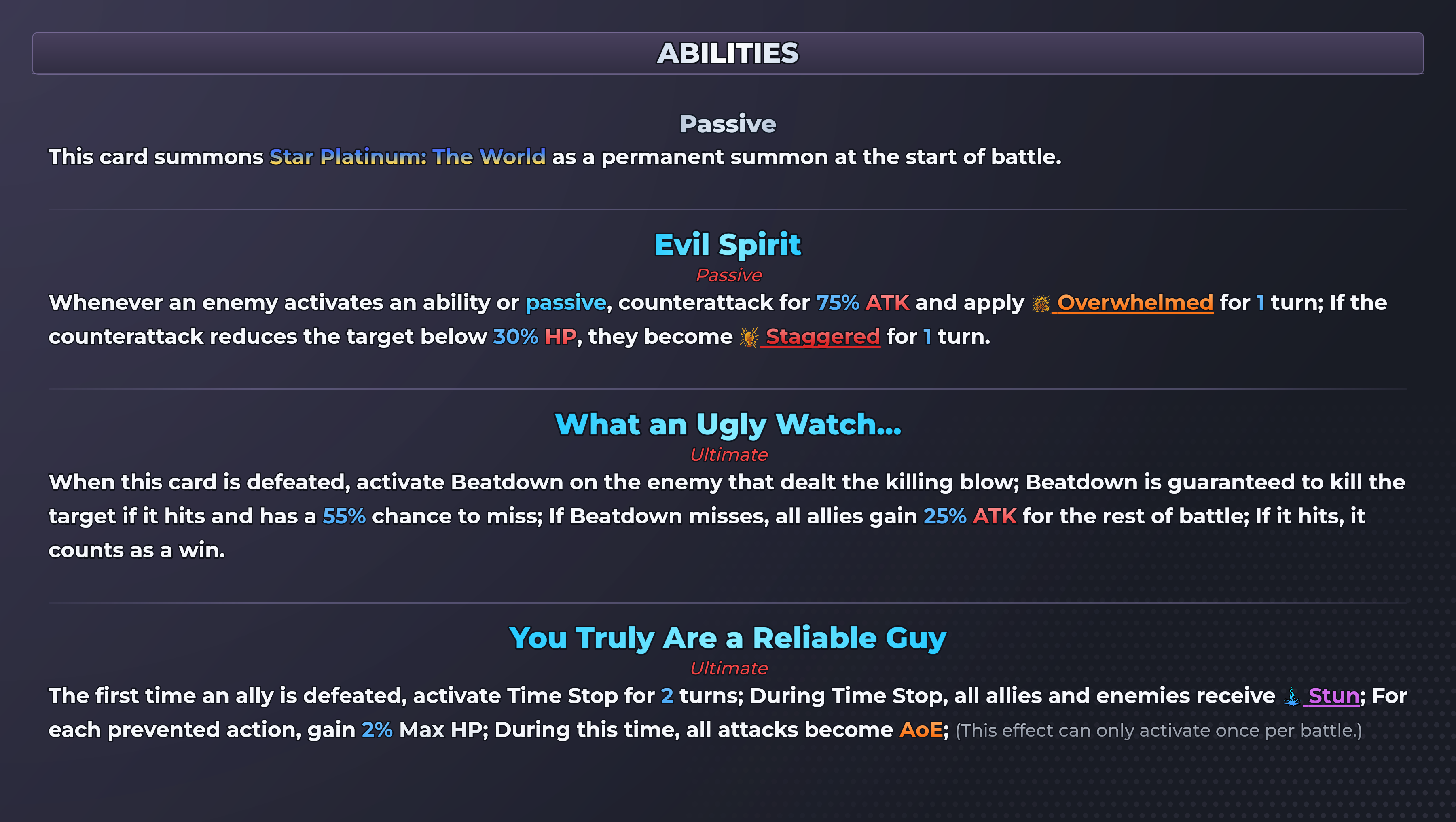 Jotaro; SP: The World abilities