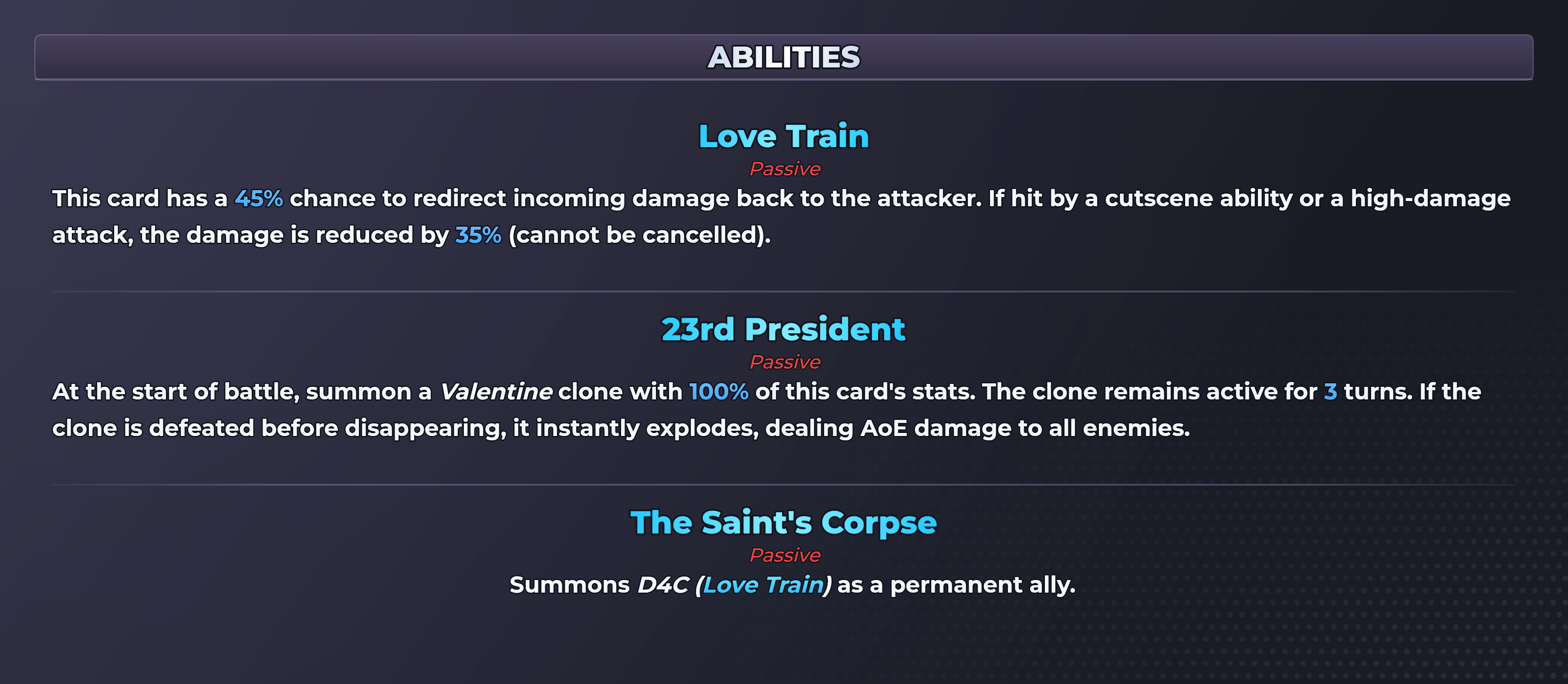 Valentine (Love Train) abilities